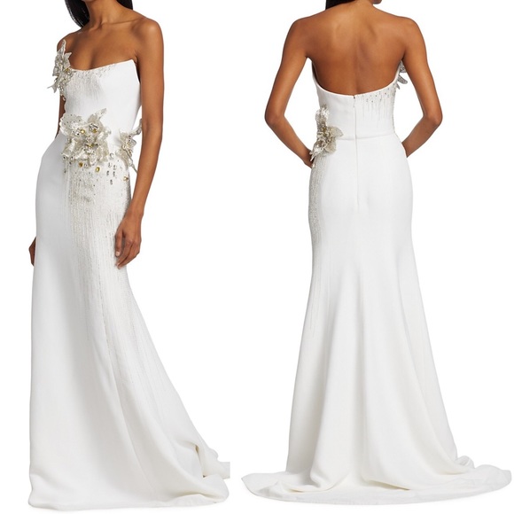 Oscar de la Renta Crystal Beaded Flower Strapless Gown Long Dress - Picture 3 of 17